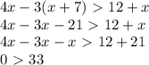 4x-3(x+7)\ \textgreater \ 12+x \\ 4x-3x-21\ \textgreater \ 12+x \\ 
4x-3x-x\ \textgreater \ 12+21 \\ 
0\ \textgreater \ 33 \\