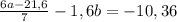 \frac{6a-21,6}{7} -1,6b=-10,36