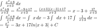 \int\ { \frac{x^2+8}{x+3} } \, dx \\ 
 \frac{x^2+8}{x+3}= \frac{x^2-9+17}{x+3}= \frac{(x+3)(x-3)+17}{x+3}
=x-3+ \frac{17}{x+3} \\ 
 \int\ { \frac{x^2+8}{x+3} } \, dx = \int\ {x} \, dx -3 \int\ \, dx +
17 \int\ { \frac{1}{x+3} } \, dx = \\ 
= \frac{x^2}{2}-3x+17ln|x+3|+C \\
