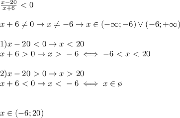 \frac{x-20}{x+6}\ \textless \ 0 \\ 
 \\ x+6 \neq 0\rightarrow x \neq -6\rightarrow x\in(-\infty;-6)\vee (-6;+\infty) \\ 
 \\ 
1) x-20\ \textless \ 0 \rightarrow x\ \textless \ 20 \\ 
x+6\ \textgreater \ 0 \rightarrow x\ \textgreater \ -6 \iff -6\ \textless \ x\ \textless \ 20 \\ \\ 
2)x-20\ \textgreater \ 0 \rightarrow x\ \textgreater \ 20 \\ 
x+6\ \textless \ 0 \rightarrow x\ \textless \ -6 \iff x\in \o \\ \\ \\ 
x\in (-6;20) \\