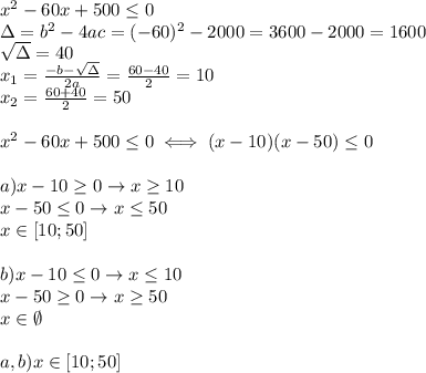 x^2-60x+500 \leq 0 \\ 
\Delta=b^2-4ac=(-60)^2-2000=3600-2000=1600 \\ 
 \sqrt{\Delta}=40 \\ 
x_1= \frac{-b- \sqrt{\Delta} }{2a} =
 \frac{60-40}{2}=10 \\ 
x_2= \frac{60+40}{2}=50 \\ 
 \\ 
x^2-60x+500 \leq 0 \iff
(x-10)(x-50) \leq 0 \\ \\ 
a) x-10 \geq 0 \rightarrow x \geq 10 \\ 
x-50 \leq 0 \rightarrow x \leq 50 \\ 
x\in [10;50] \\ \\ 
b) x-10 \leq 0 \rightarrow x \leq 10 \\ 
x-50 \geq 0 \rightarrow x \geq 50 \\ 
x\in \emptyset \\ \\ 
a,b) x\in[10;50]
