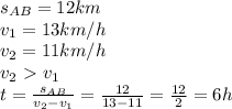 s_{AB}=12km \\ 
v_{1}=13km/h \\ 
v_2=11km/h \\ 
v_2\ \textgreater \ v_1 \\ 
t= \frac{s_{AB}}{v_2-v_1} = \frac{12}{13-11}= \frac{12}{2}=6h \\ 
