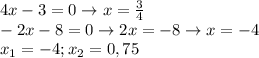 4x-3=0 \rightarrow x= \frac{3}{4} \\ 
-2x-8=0 \rightarrow 2x=-8\rightarrow x=-4 \\ 
x_1=-4;x_2=0,75