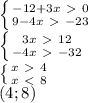 \left \{ {{-12+3x\ \textgreater \ 0} \atop {9-4x\ \textgreater \ -23}} \right. \\ 
 \left \{ {{3x\ \textgreater \ 12} \atop {-4x\ \textgreater \ -32}} \right. \\ 
 \left \{ {{x\ \textgreater \ 4} \atop {x\ \textless \ 8}} \right. \\ 
(4;8)