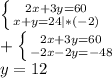 \left \{ {{2x+3y=60} \atop {x+y=24|*(-2)}} \right. \\ 
+\left \{ {{2x+3y=60} \atop {-2x-2y=-48}} \right. \\ 
y=12
