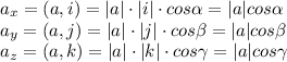 a_x=(a,i)=|a| \cdot |i| \cdot cos \alpha=|a|cos \alpha \newline
a_y=(a,j)=|a| \cdot |j| \cdot cos \beta=|a|cos \beta \newline
a_z=(a,k)=|a| \cdot |k| \cdot cos \gamma=|a|cos \gamma \newline