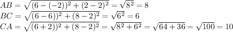 AB= \sqrt{(6-(-2))^2+(2-2)^2}= \sqrt{8^2} =8 \newline
BC= \sqrt{(6-6))^2+(8-2)^2}= \sqrt{6^2} =6 \newline
CA= \sqrt{(6+2))^2+(8-2)^2}= \sqrt{8^2+6^2} = \sqrt{64+36}= \sqrt{100}= 10