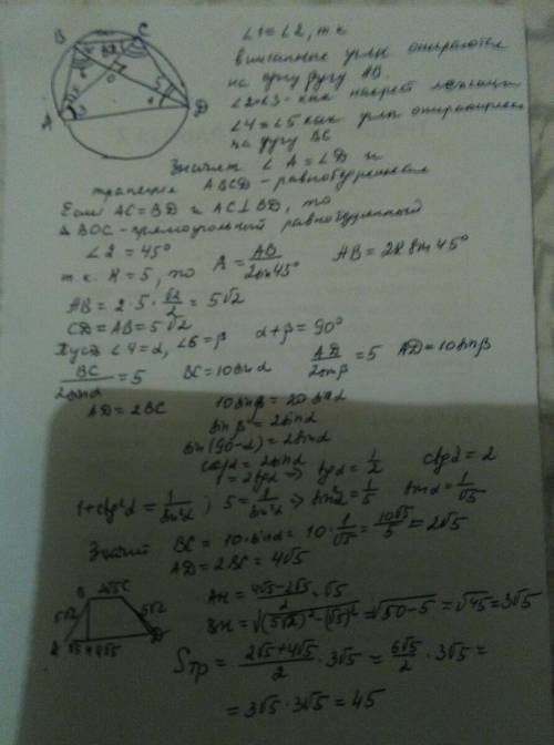 Вокружность радиуса 5 вписана трапеция abcd, в которой диагонали ac и bd перпендикулярны друг другу