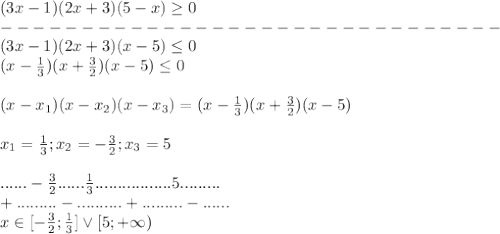(3x-1)(2x+3)(5-x) \geq 0 \\ 
------------------------------- \\ 
(3x-1)(2x+3)(x-5) \leq 0 \\ 
(x- \frac{1}{3})(x+ \frac{3}{2})(x-5) \leq 0 \\ \\ 
(x-x_1)(x-x_2)(x-x_3)=(x- \frac{1}{3})(x+ \frac{3}{2})(x-5) \\ \\ 
x_1= \frac{1}{3};x_2=- \frac{3}{2};x_3=5 \\ \\ 
......- \frac{3}{2}...... \frac{1}{3}.................5......... \\ 
+ .........-..........+.........-...... \\ 
x\in [- \frac{3}{2}; \frac{1}{3}]\vee [5;+\infty)