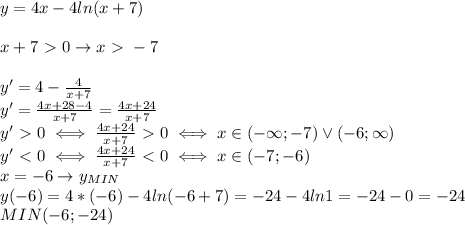 y=4x-4ln(x+7) \\ \\ 
x+7\ \textgreater \ 0\rightarrow x\ \textgreater \ -7 \\ \\ 
y'=4- \frac{4}{x+7} \\ 
y'= \frac{4x+28-4}{x+7} = \frac{4x+24}{x+7} \\ 
y'\ \textgreater \ 0\iff \frac{4x+24}{x+7}\ \textgreater \ 0\iff x\in (-\infty;-7)\vee (-6;\infty) \\ 
y'\ \textless \ 0\iff \frac{4x+24}{x+7}\ \textless \ 0\iff x\in (-7;-6) \\ 
x=-6\rightarrow y_{MIN} \\ 
y(-6)=4*(-6)-4ln(-6+7)=-24-4ln1=-24-0=-24 \\ 
MIN(-6;-24) \\