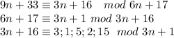 9n+33 \equiv 3n+16 \ \ \ mod \ 6n+17 \\ 
 6n+17 \equiv 3n+1 \ mod \ 3n+16 \\
 3n+16 \equiv 3;1;5;2;15 \ \ mod \ 3n+1 \\
 
