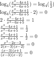 \log_4(\frac{x^2-4x+1}{x^2-6x+5})=\log_4(\frac{1}{2})\\
\log_4(\frac{x^2-4x+1}{x^2-6x+5}\cdot 2)=0\\
2\cdot\frac{x^2-4x+1}{x^2-6x+5}=1\\
\frac{x^2-4x+1}{x^2-6x+5}=\frac{1}{2}\\
\frac{x^2-4x+1}{x^2-6x+5}-\frac{1}{2}=0\\
\frac{x^2-2x-3}{2(x-3)(x-2)}=0\\
\frac{(x-3)(x+1}{(x-3)(x-2)}=0