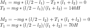 M_{1} = mg*(l/2-l_{1}) - T_{2}*(l_{1}+l_{2}) = 0 \\ T_{2} = mg*(l/2-l_{1})/(l_{1}+l_{2})=140H \\ \\ M_{2} = -mg*(l/2-l_{2}) + T_{1}*(l_{1}+l_{2}) = 0 \\ T_{1} = mg*(l/2-l_{2})/(l_{1}+l_{2})=70H
