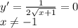y'= \frac{1}{2 \sqrt{x+1} } =0 \\ 
x \neq -1 \\
