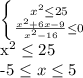 \left \{ {{ x^{2} \leq 25} \atop { \frac{ x^{2} +6x-9}{ x^{2} -16} \leq 0 }} \right. 


 x^{2} \leq 25

-5 \leq x \leq 5

