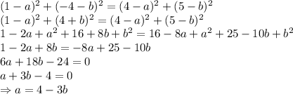 (1-a)^2+(-4-b)^2=(4-a)^2+(5-b)^2
\\\
(1-a)^2+(4+b)^2=(4-a)^2+(5-b)^2
\\\
1-2a+a^2+16+8b+b^2=16-8a+a^2+25-10b+b^2
\\\
1-2a+8b=-8a+25-10b
\\\
6a+18b-24=0
\\\
a+3b-4=0
\\\
\Rightarrow a=4-3b