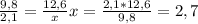 \frac{9,8}{2,1} = \frac{12,6}{x} 
 x= \frac{2,1*12,6}{9,8} = 2,7