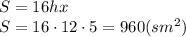 S=16hx
\\\
S=16\cdot12\cdot5=960(sm^2)