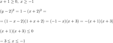 x + 1 \geq 0, \ x \geq -1\\\\
(y - 2)^2 = 1 - (x + 2)^2 =\\\\= (1 - x - 2)(1 + x + 2) = (-1 - x)(x + 3) = - (x + 1)(x + 3)\\\\
(x + 1)(x + 3) \leq 0\\\\
-3 \leq x \leq -1