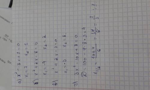 A) x^2-8x+7= 0 б)x^2+2x-8=0 а) б) в) решить по теореме виета в)x^2+2x-3=0 г)3x^2-10x+8=0 г) решить ч