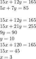 15x+12y=165 \\
5x+7y=85 \\
\\
15x+12y=165 \\
15x+21y=255 \\
9y=90 \\
y=10 \\
15x+120=165 \\
15x=45 \\
x=3
