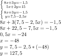 \left \{ {{8x+3y=-1,5} \atop {5x+2y=15}} \right. \\
 \left \{ {{8x+3y=-1,5} \atop {y=7,5-2,5x}} \right. \\
8x+3(7,5-2,5x)=-1,5\\
8x+22,5-7,5x=-1,5\\
0,5x=-24\\
x=-48\\
y=7,5-2,5*(-48)\\
y=127,5