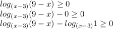log_{ (x-3)}(9 - x) \geq 0 \\ 
 log_{ (x-3)}(9 - x) - 0 \geq 0 \\ 
 log_{ (x-3)}(9 - x) - log_{ (x-3)}1 \geq 0 \\ 
