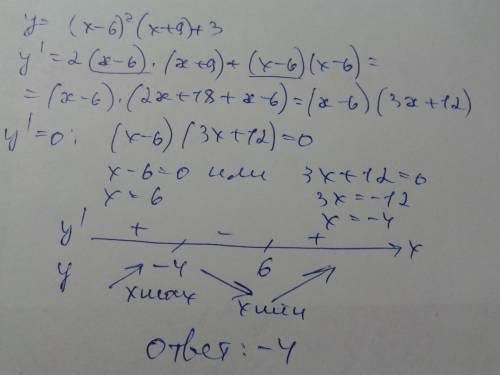 Найдите точку максимума функции у = (х — 6)2(х + 9) + 3