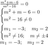 \frac{m^2+m-6}{m^2-16}=0\\
\begin {cases} 
m^2+m-6=0\\
m^2-16\neq0
\end{cases}\\
\\
\begin {cases} 
m_1=-3; \ \ \ m_2=2\\
m^2\neq16; \ \ \ m\neq\pm4
\end{cases}\\
m_1=-3; \ \ \ m_2=2