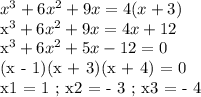 x^3 + 6x^2 + 9x = 4(x+3)

x^3 + 6x^2 + 9x = 4x + 12

x^3 + 6x^2 + 5x - 12= 0 

(x - 1)(x + 3)(x + 4) = 0

x1 = 1 ; x2 = - 3 ; x3 = - 4
