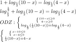 1 + log_{\frac{1}{3}}(10-x) = log_{\frac{1}{3}}(4-x)
\\log^{\frac{1}{3}} _{\frac{1}{3}} + log_{\frac{1}{3}}(10 - x) = log_{\frac{1}{3}}(4-x)
\\ ODZ: \left \{ {{ \left \{ {{(10-x)\geq 0} \atop {4-x \geq 0}} \right. } \atop {log_{\frac{1}{3}}( \frac{1}{3} (10 - x))= log_{\frac{1}{3}}(4-x) } }} \right. 
 \\ \left \{ {{\left \{ {{x - 10 \leq 0} \atop {x - 4 \leq 0}} \right. } \atop { \frac{1}{3}(10 - x) = 4 - x}} \right.