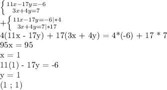 \left \{ {{11x - 17 y = -6} \atop {3x+4y=7}} \right. 

 +\left \{ {{11x-17y=-6|*4} \atop {3x+4y=7|*17}} \right. 

4(11x - 17y) + 17(3x + 4y) = 4*(-6) + 17 * 7

95x = 95

x = 1

11(1) - 17y = -6

y = 1

(1 ; 1)
