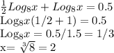 \frac{1}{2}Log_8x+Log_8x=0.5

Log_8x(1/2+1)=0.5

Log_8x=0.5/ 1.5=1/3

x= \sqrt[3]{8}=2