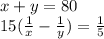 {x+y}=80 \\
15( \frac{1}{x} - \frac{1}{y} )= \frac{1}{5}