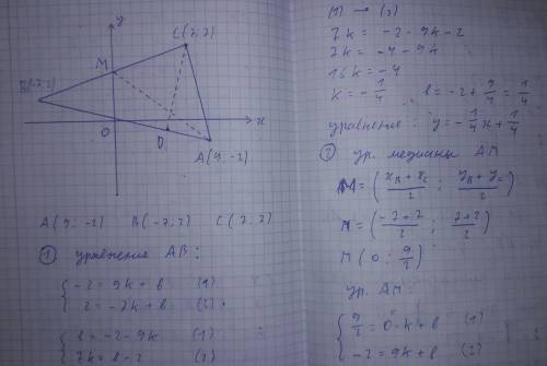 Даны вершины треугольника авс: а(9; -2), в(-7; 2), с(7; 7) для решения построить чертеж. найти: 1) у