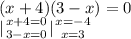 (x+4)(3-x)=0\\
{| {{x+4=0} \atop {3-x=0}} \right. {| {{x=-4} \atop {x=3}} \right.