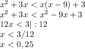 x^2+3x\ \textless \ x(x-9)+3 \\
x^2+3x\ \textless \ x^2-9x+3 \\
12x\ \textless \ 3 |:12 \\
x\ \textless \ 3/12 \\
x\ \textless \ 0,25