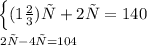 \left \{ {{(1\frac{2}{3})х + 2у=140

} \atop {2х - 4у =104}} \right.