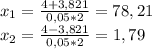 x_{1}= \frac{4+3,821}{0,05*2}=78,21\\
x_{2}= \frac{4-3,821}{0,05*2}=1,79