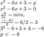 x^2-6x+3=p \\
x^2-6x+3=0 \\
\frac{-b}{2a} = min, \\
\frac{-(-6)}{2} = 6/2= 3 \\
3^2-6*3+3=-6 \\
p\ \textless \ -6