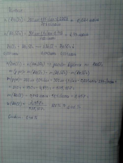 К200 мл 2,08 %-ного раствора хлорида бария (=1,05 г/мл) добавили 300 мл 14,2 %-ного раствора сульфат
