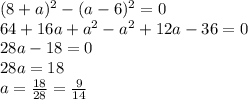(8+a)^{2} - (a-6)^{2} = 0 \\ 64 + 16a + a^{2} - a^{2} + 12a - 36 = 0 \\ 28a - 18 = 0 \\ 28a=18 \\ a= \frac{18}{28} = \frac{9}{14} 

