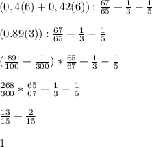 (0,4(6)+0,42(6)) : \frac{67}{65} + \frac{1}{3} - \frac{1}{5} \\\\
(0.89(3)) : \frac{67}{65} + \frac{1}{3} - \frac{1}{5}\\\\ (\frac{89}{100}+\frac{1}{300}) * \frac{65}{67} + \frac{1}{3} - \frac{1}{5}\\\\\frac{268}{300} * \frac{65}{67} + \frac{1}{3} - \frac{1}{5}\\\\ \frac{13}{15}+ \frac{2}{15}\\\\ 1