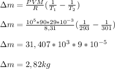 зm= \frac{PVM}{R}( \frac{1}{ T_{1} }-\frac{1}{ T_{2} }) \\ \\ 
зm= \frac{ 10^{5}*90*29* 10^{-3} }{8,31}( \frac{1}{293} - \frac{1}{301}) \\ \\ 
зm=31,407* 10^{3}* 9 * 10^{-5} \\ \\ 
зm= 2,82 kg