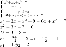 \left \{ {{x^{2}+xy+y^{2}=7} \atop {y+x=3}} \right. \\ \left \{ {{y=3-x} \atop {x^{2}+x(3-x)+(3-x)^{2}=7}} \right. \\ x^{2}+3x-x^{2}+9-6x+x^{2}=7 \\ x^{2}-3x+2=0 \\ D= 9- 8 = 1 \\ x_{1}= \frac{3+1}{2} = 2, x_{2}= \frac{3-1}{2} = 1 \\ y_{1}= 1, y_{2}= 2
