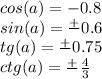cos(a) = -0.8 \\
sin(a) = \frac{+}{} 0.6\\
tg(a) = \frac{+}{} 0.75\\
ctg(a) = \frac{+}{} \frac{4}{3} \\