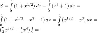 S=\int\limits^1_0 {(1+x^{1/2})} \, dx- \int\limits^1_0 {(x^3+1)} \, dx = \\ \\ 
\int\limits^1_0 {(1+x^{1/2}-x^3-1)} \, dx=\int\limits^1_0 {(x^{1/2}-x^3)} \, dx= \\ ( \frac{2}{3} x^{3/2}- \frac{1}{4}x^4)|^1_0=