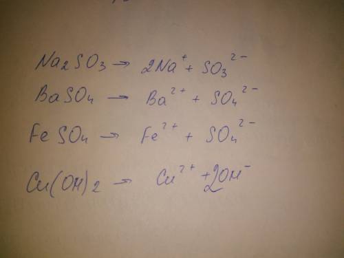 Составить формулы электролитической диссоциации: na2so3, baso4, feso4, cu(oh)2