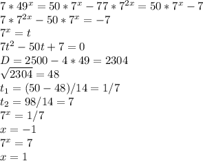 7*49^x=50*7^x-7
7*7^{2x}=50*7^x-7\\
7*7^{2x}-50*7^{x}=-7\\
7^x=t\\
7t^2-50t+7=0\\
D=2500-4*49=2304\\
\sqrt{2304}=48\\
t_1=(50-48)/14=1/7\\
t_2=98/14=7\\
7^x=1/7\\
x=-1\\
7^x=7\\
x=1\\