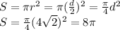 S=\pi r^2=\pi (\frac{d}{2})^2=\frac{\pi}{4}d^2\\
S=\frac{\pi}{4}(4\sqrt2)^2=8\pi